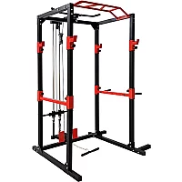 BodyTrain Heavy Duty Professional Adjustable Power Rack Weight Lifting Cage with Cable System and Deluxe Pull Up Bar